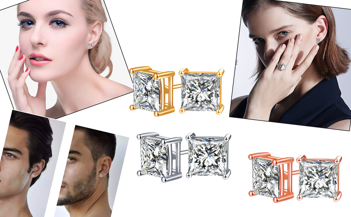 925 Sterling Silver 4 Prong Square Shape Stud Earring