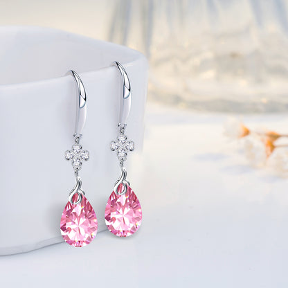 925 Silver 5A CZ Diamond Four Leaf Clover Dangle Earring (Pink)