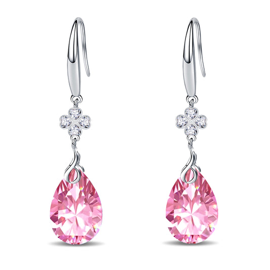 925 Silver 5A CZ Diamond Four Leaf Clover Dangle Earring (Pink)