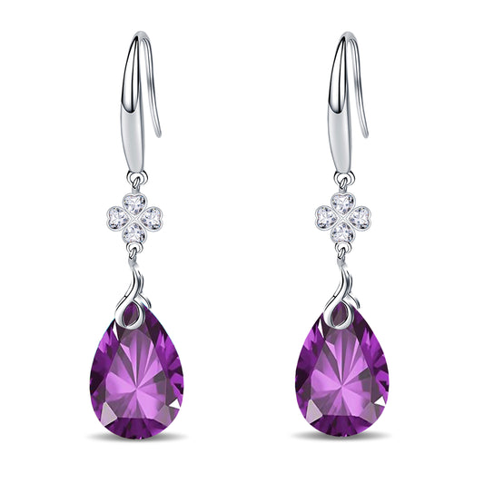 925 Silver 5A CZ Diamond Four Leaf Clover Dangle Earring (Purple)