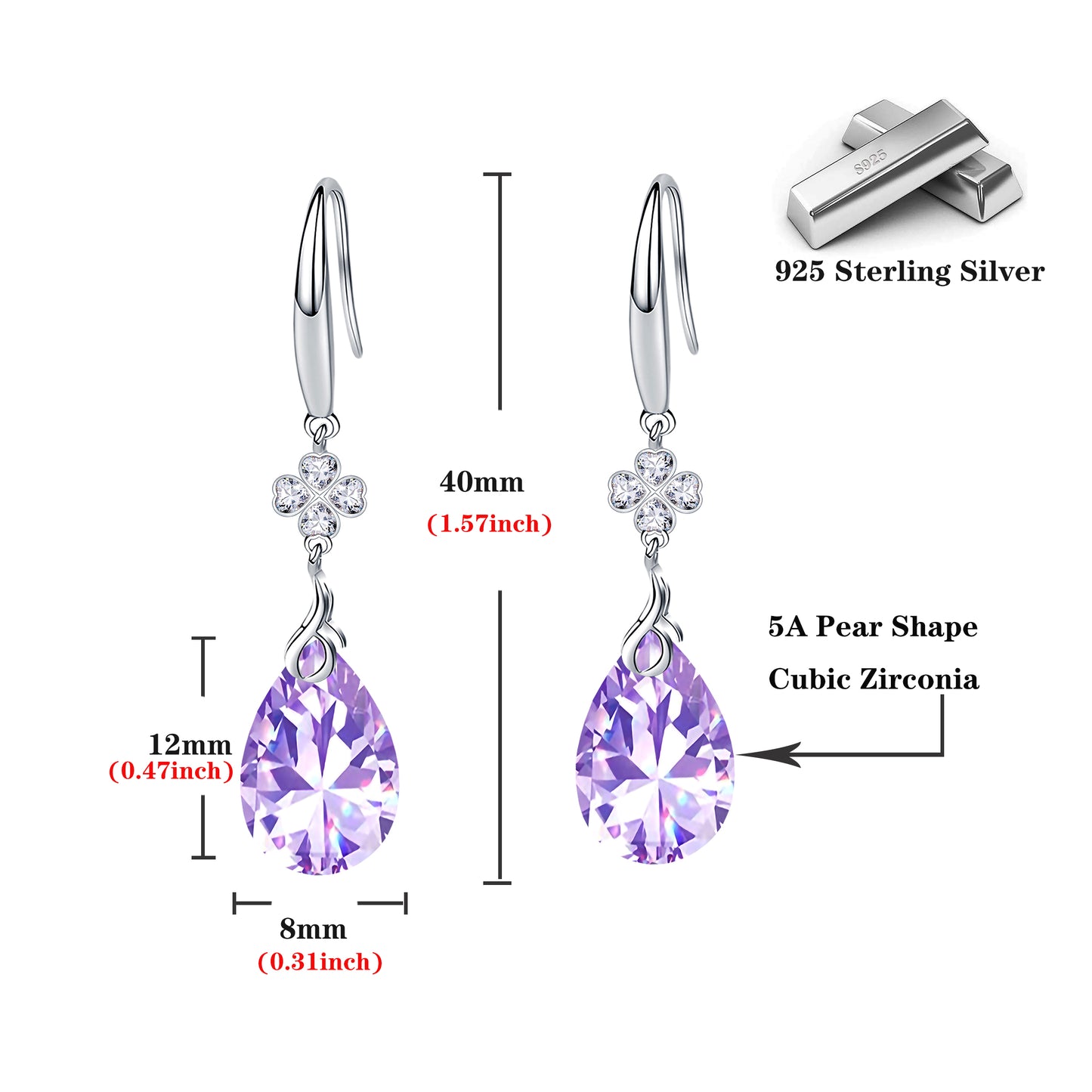 925 Silver 5A CZ Diamond Four Leaf Clover Dangle Earring (Lavender)