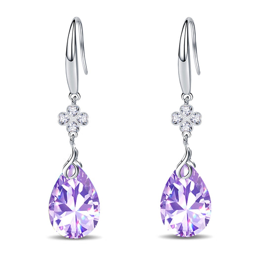 925 Silver 5A CZ Diamond Four Leaf Clover Dangle Earring (Lavender)