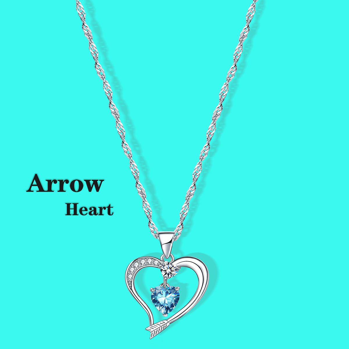 Arrow Heart Birthstone Aquamarine Necklace (MAR-03)