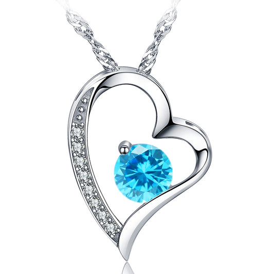 Birthstone Aquamarine Heart Pendant Necklace (MAR-03)