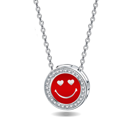 Sterling Silver CZ Diamond Enamel Happy Face Necklace
