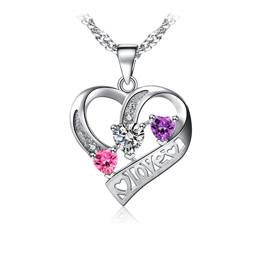14k White Gold Plated 3 Heart Crystal Heart Pendant Necklace