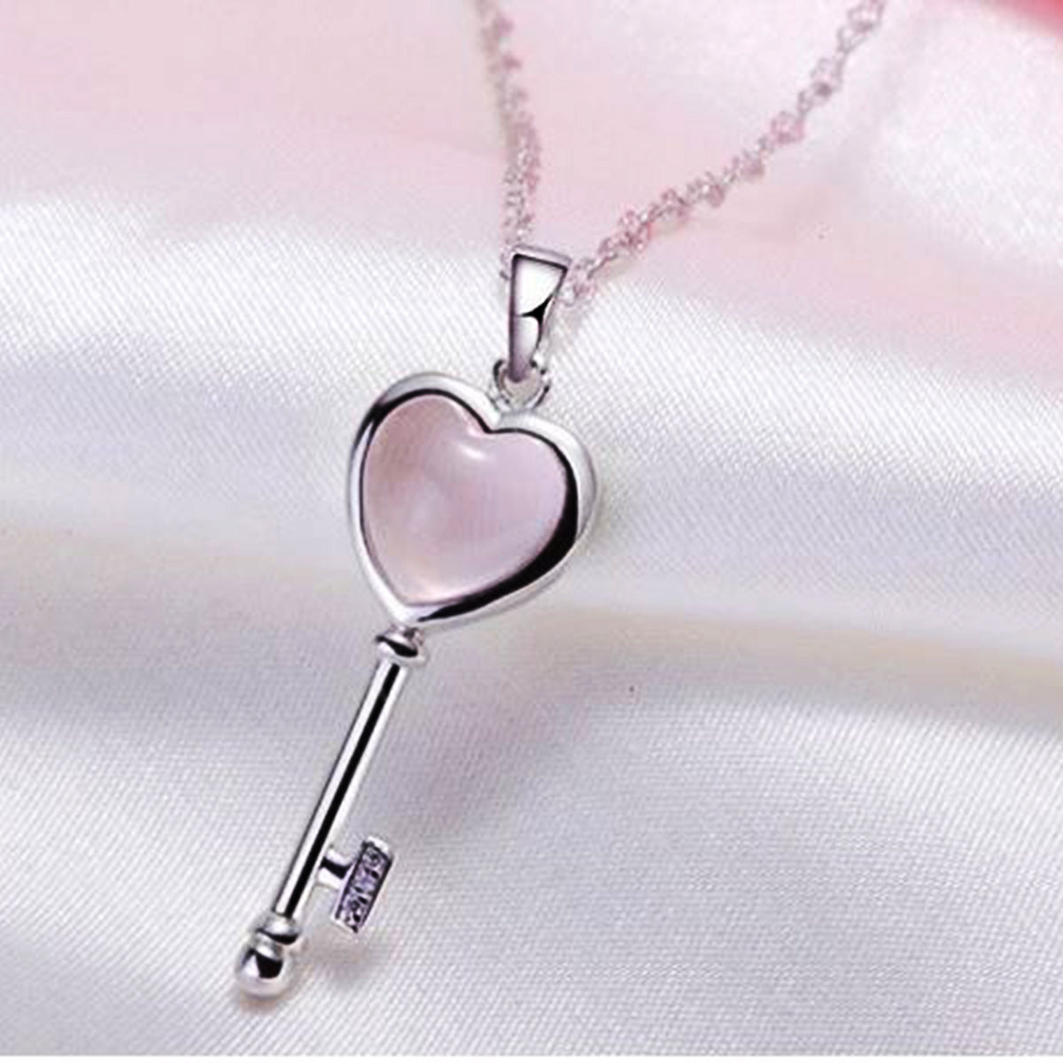 14k White Gold Plated Heart Moonstone Love Key Pendant Necklace