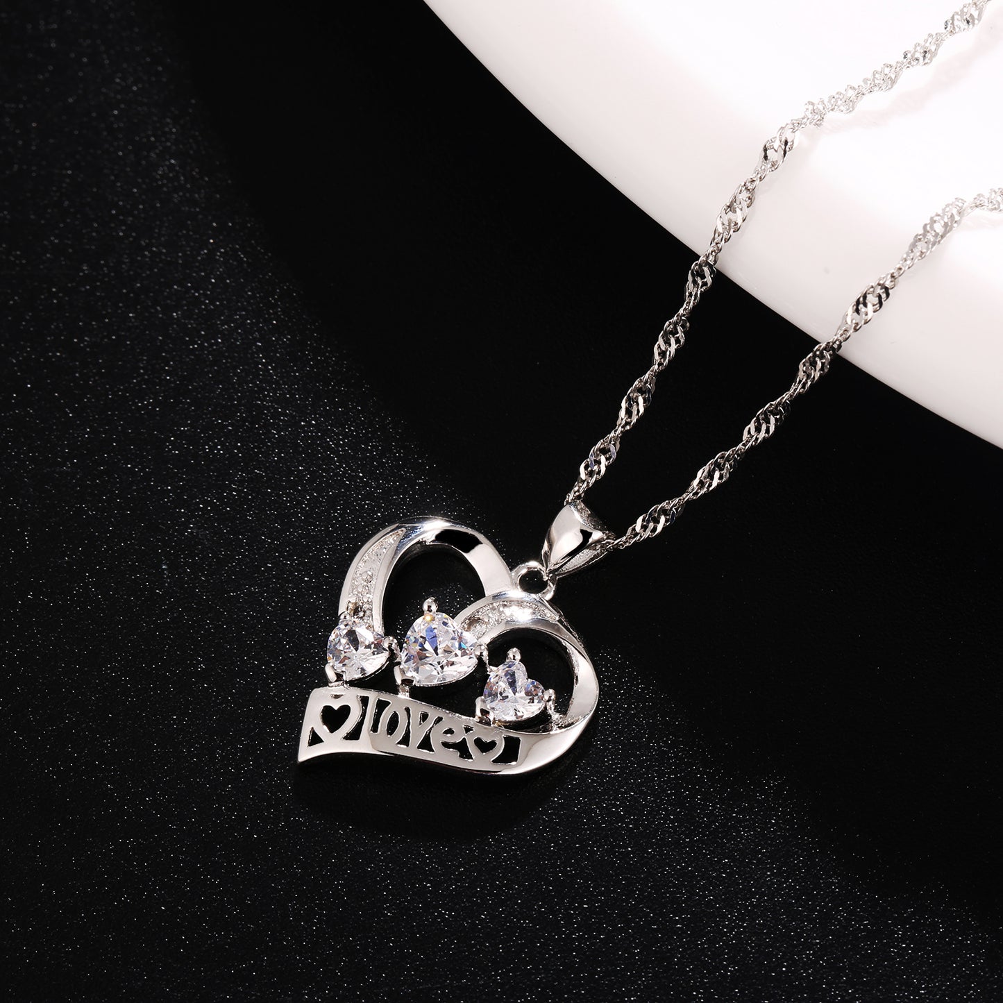 14k White Gold Plated 3 Heart Crystal Heart Pendant Necklace
