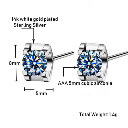 14k White Gold Plated Silver CZ Diamond Stud Earrings