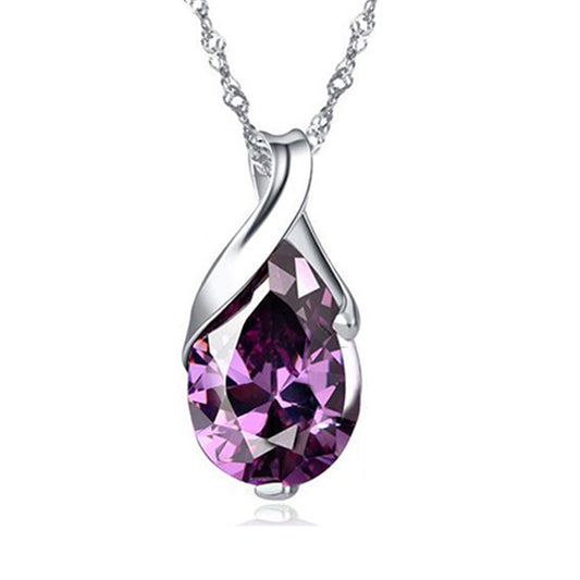 White Gold Plated Purple Crystal Angel Tear Pendant Necklace