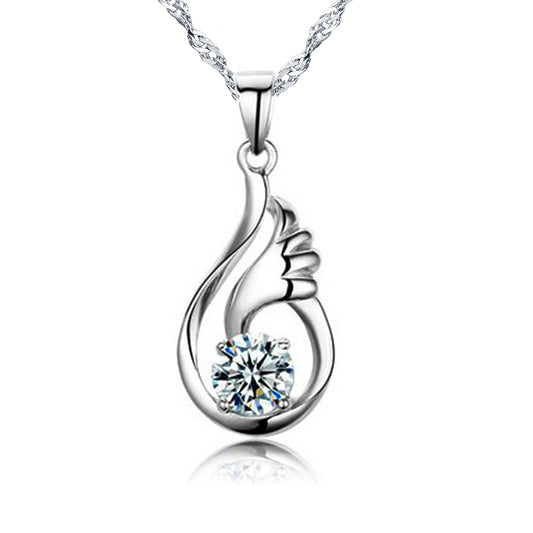 White Gold Plated Cubic Zirconia Angel Wing Pendant Necklace
